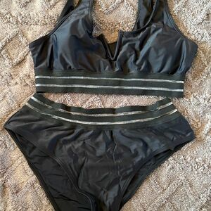 Black Two-Piece Swimsuit with Striped Band